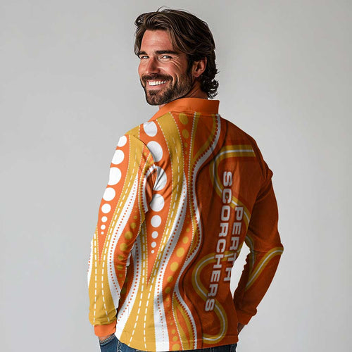 Perth Scorchers Long Sleeve Polo Shirt Aboriginal Dot Art Orange White - Tribal Wave Pattern