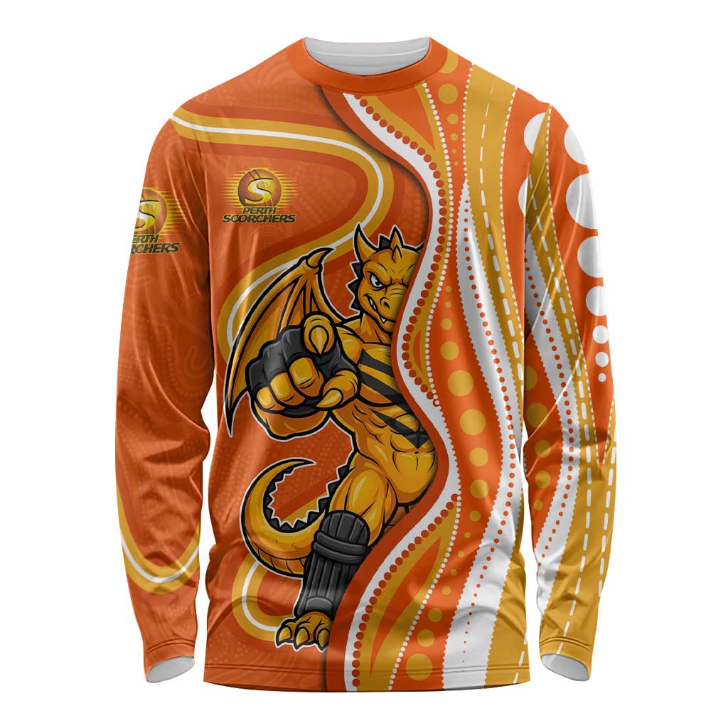 Perth Scorchers Long Sleeve Shirt Aboriginal Dot Art Orange White - Tribal Wave Pattern