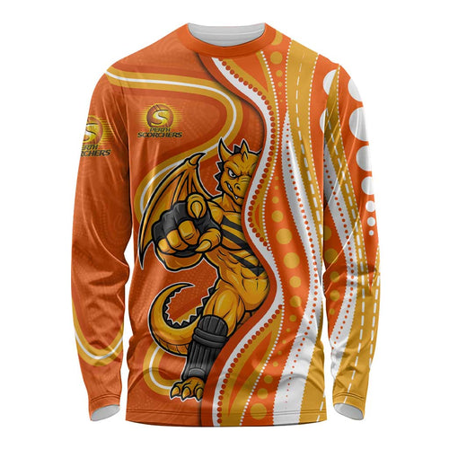 Perth Scorchers Long Sleeve Shirt Aboriginal Dot Art Orange White - Tribal Wave Pattern