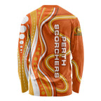 Perth Scorchers Long Sleeve Shirt Aboriginal Dot Art Orange White - Tribal Wave Pattern