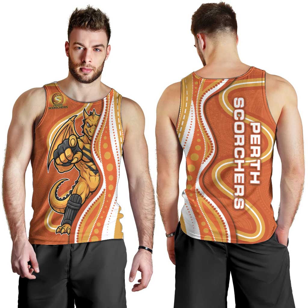 Perth Scorchers Men Tank Top Aboriginal Dot Art Orange White - Tribal Wave Pattern