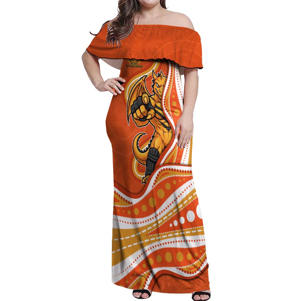 Perth Scorchers Off Shoulder Maxi Dress Aboriginal Dot Art Orange White - Tribal Wave Pattern