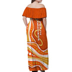 Perth Scorchers Off Shoulder Maxi Dress Aboriginal Dot Art Orange White - Tribal Wave Pattern