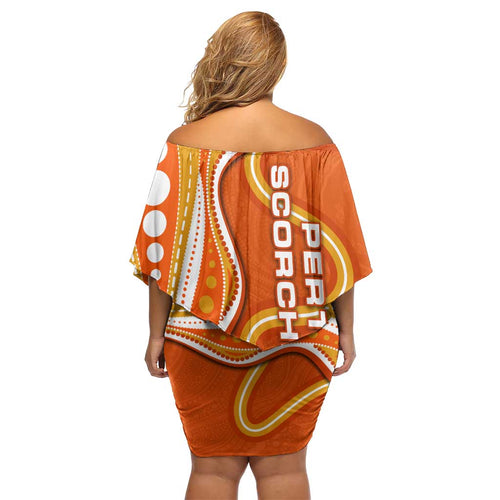 Perth Scorchers Off Shoulder Short Dress Aboriginal Dot Art Orange White - Tribal Wave Pattern