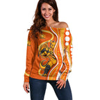 Perth Scorchers Off Shoulder Sweater Aboriginal Dot Art Orange White - Tribal Wave Pattern