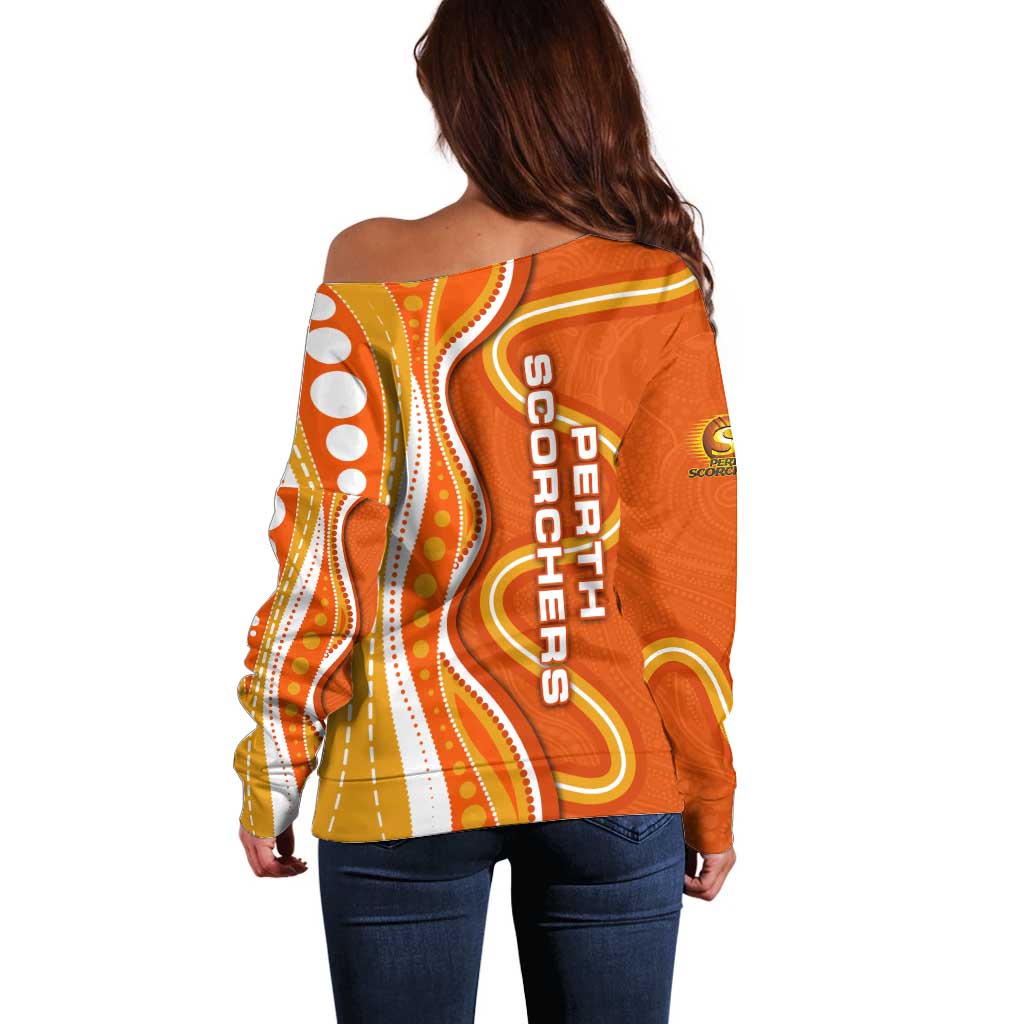 Perth Scorchers Off Shoulder Sweater Aboriginal Dot Art Orange White - Tribal Wave Pattern
