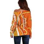 Perth Scorchers Off Shoulder Sweater Aboriginal Dot Art Orange White - Tribal Wave Pattern