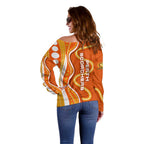 Perth Scorchers Off Shoulder Sweater Aboriginal Dot Art Orange White - Tribal Wave Pattern