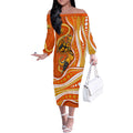 Perth Scorchers Off The Shoulder Long Sleeve Dress Aboriginal Dot Art Orange White - Tribal Wave Pattern