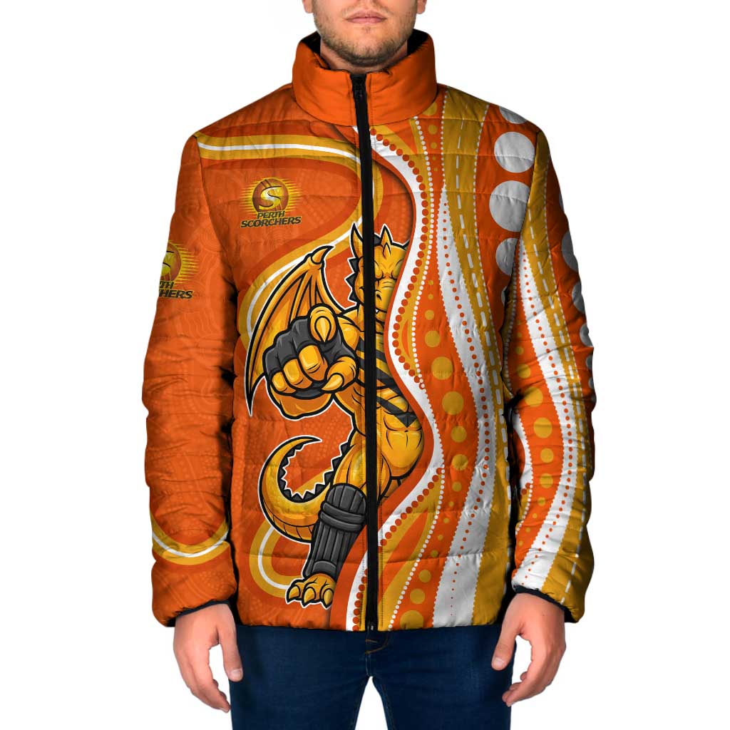 Perth Scorchers Padded Jacket Aboriginal Dot Art Orange White - Tribal Wave Pattern