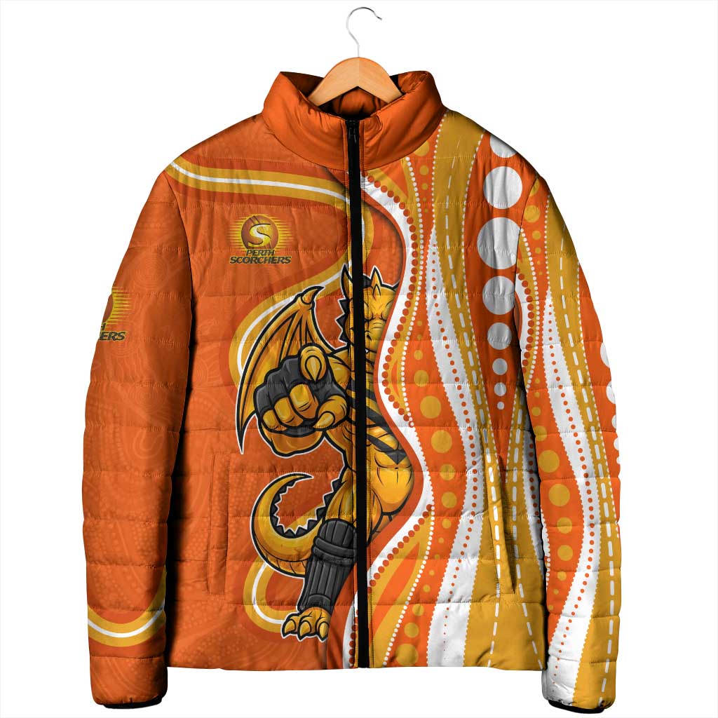 Perth Scorchers Padded Jacket Aboriginal Dot Art Orange White - Tribal Wave Pattern