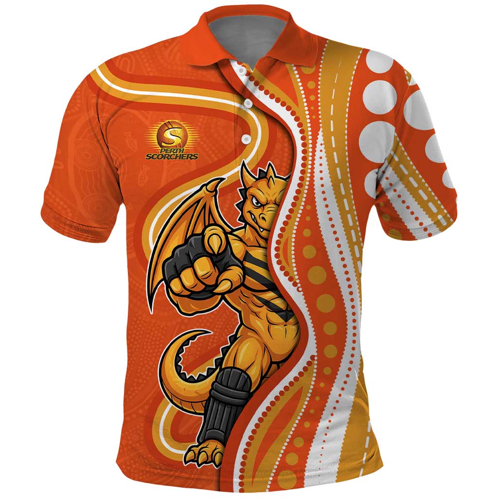 Perth Scorchers Polo Shirt Aboriginal Dot Art Orange White - Tribal Wave Pattern