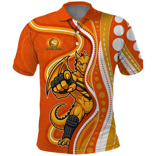 Perth Scorchers Polo Shirt Aboriginal Dot Art Orange White - Tribal Wave Pattern