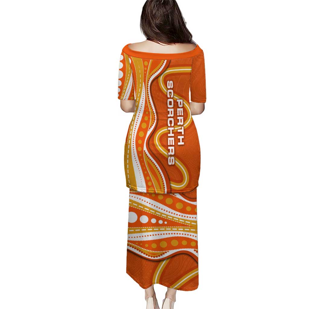Perth Scorchers Puletasi Aboriginal Dot Art Orange White - Tribal Wave Pattern
