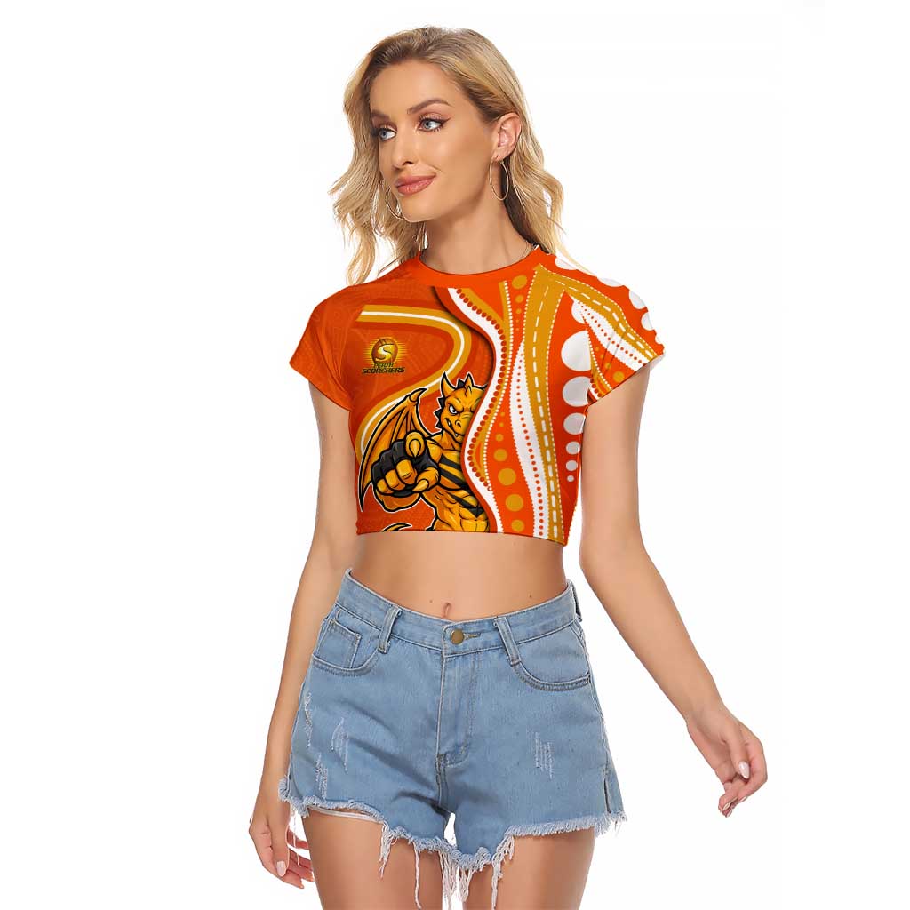Perth Scorchers Raglan Cropped T Shirt Aboriginal Dot Art Orange White - Tribal Wave Pattern