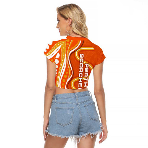 Perth Scorchers Raglan Cropped T Shirt Aboriginal Dot Art Orange White - Tribal Wave Pattern