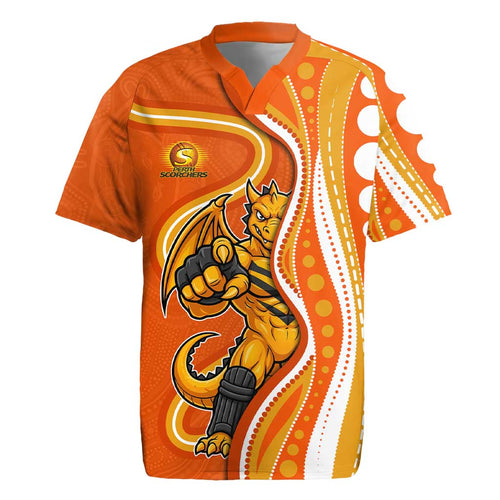 Perth Scorchers Rugby Jersey Aboriginal Dot Art Orange White - Tribal Wave Pattern