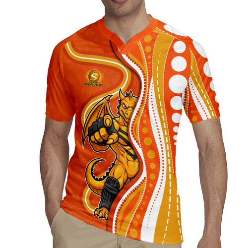 Perth Scorchers Rugby Jersey Aboriginal Dot Art Orange White - Tribal Wave Pattern