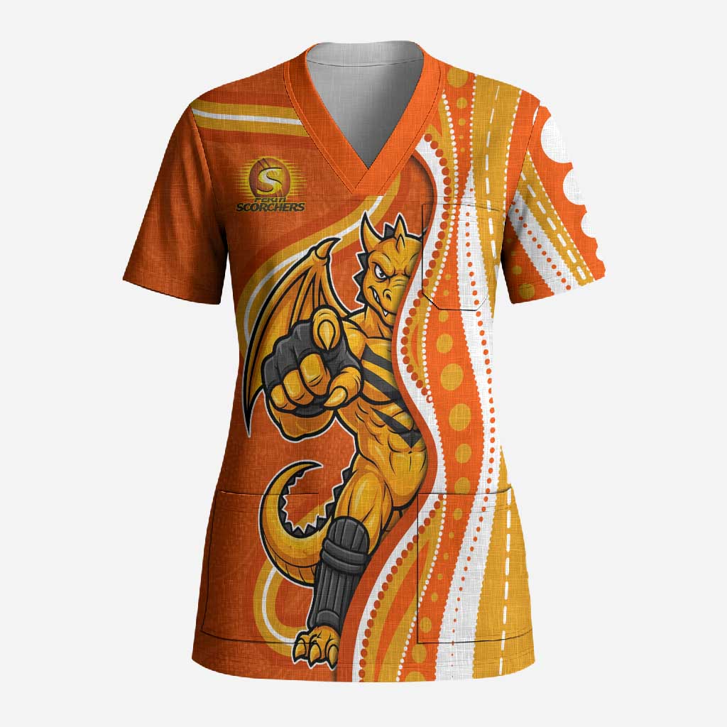 Perth Scorchers Scrub Top Aboriginal Dot Art Orange White - Tribal Wave Pattern