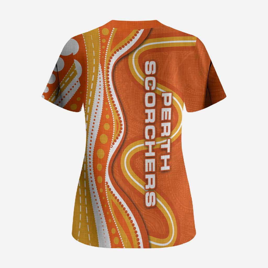 Perth Scorchers Scrub Top Aboriginal Dot Art Orange White - Tribal Wave Pattern