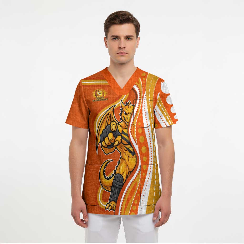 Perth Scorchers Scrub Top Aboriginal Dot Art Orange White - Tribal Wave Pattern