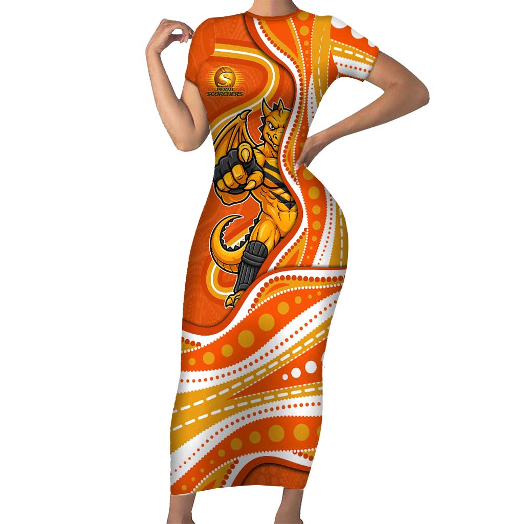 Perth Scorchers Short Sleeve Bodycon Dress Aboriginal Dot Art Orange White - Tribal Wave Pattern
