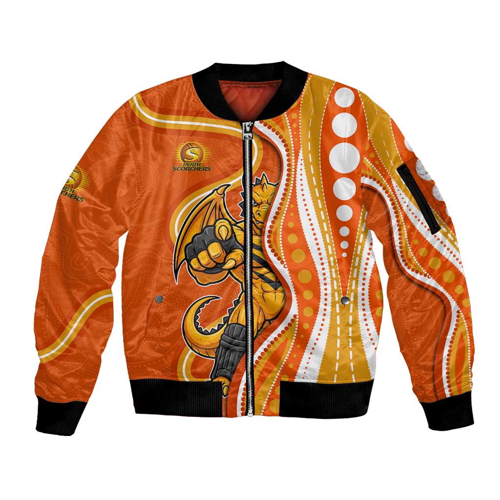 Perth Scorchers Sleeve Zip Bomber Jacket Aboriginal Dot Art Orange White - Tribal Wave Pattern