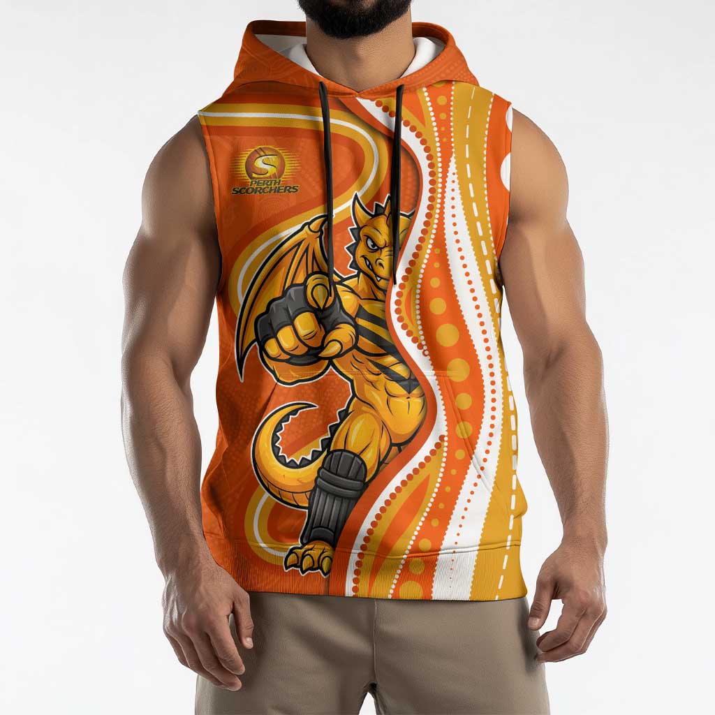 Perth Scorchers Sleeveless Hoodie Aboriginal Dot Art Orange White - Tribal Wave Pattern