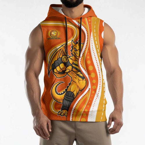 Perth Scorchers Sleeveless Hoodie Aboriginal Dot Art Orange White - Tribal Wave Pattern