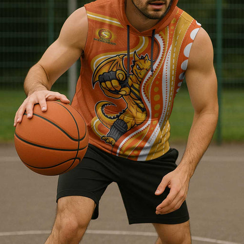 Perth Scorchers Sleeveless Hoodie Aboriginal Dot Art Orange White - Tribal Wave Pattern