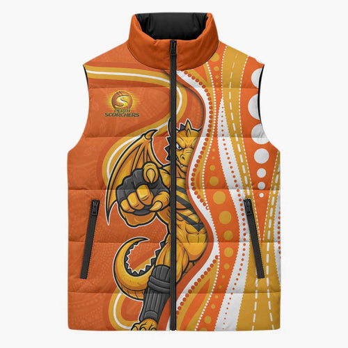 Perth Scorchers Sleeveless Puffer Jacket Aboriginal Dot Art Orange White - Tribal Wave Pattern