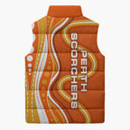 Perth Scorchers Sleeveless Puffer Jacket Aboriginal Dot Art Orange White - Tribal Wave Pattern