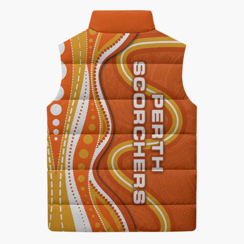 Perth Scorchers Sleeveless Puffer Jacket Aboriginal Dot Art Orange White - Tribal Wave Pattern