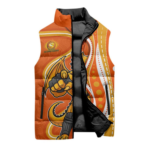 Perth Scorchers Sleeveless Puffer Jacket Aboriginal Dot Art Orange White - Tribal Wave Pattern