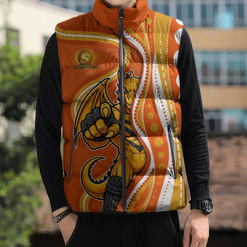 Perth Scorchers Sleeveless Puffer Jacket Aboriginal Dot Art Orange White - Tribal Wave Pattern