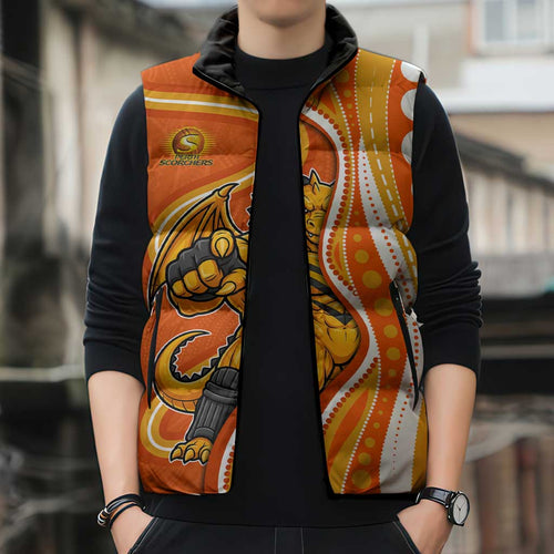 Perth Scorchers Sleeveless Puffer Jacket Aboriginal Dot Art Orange White - Tribal Wave Pattern