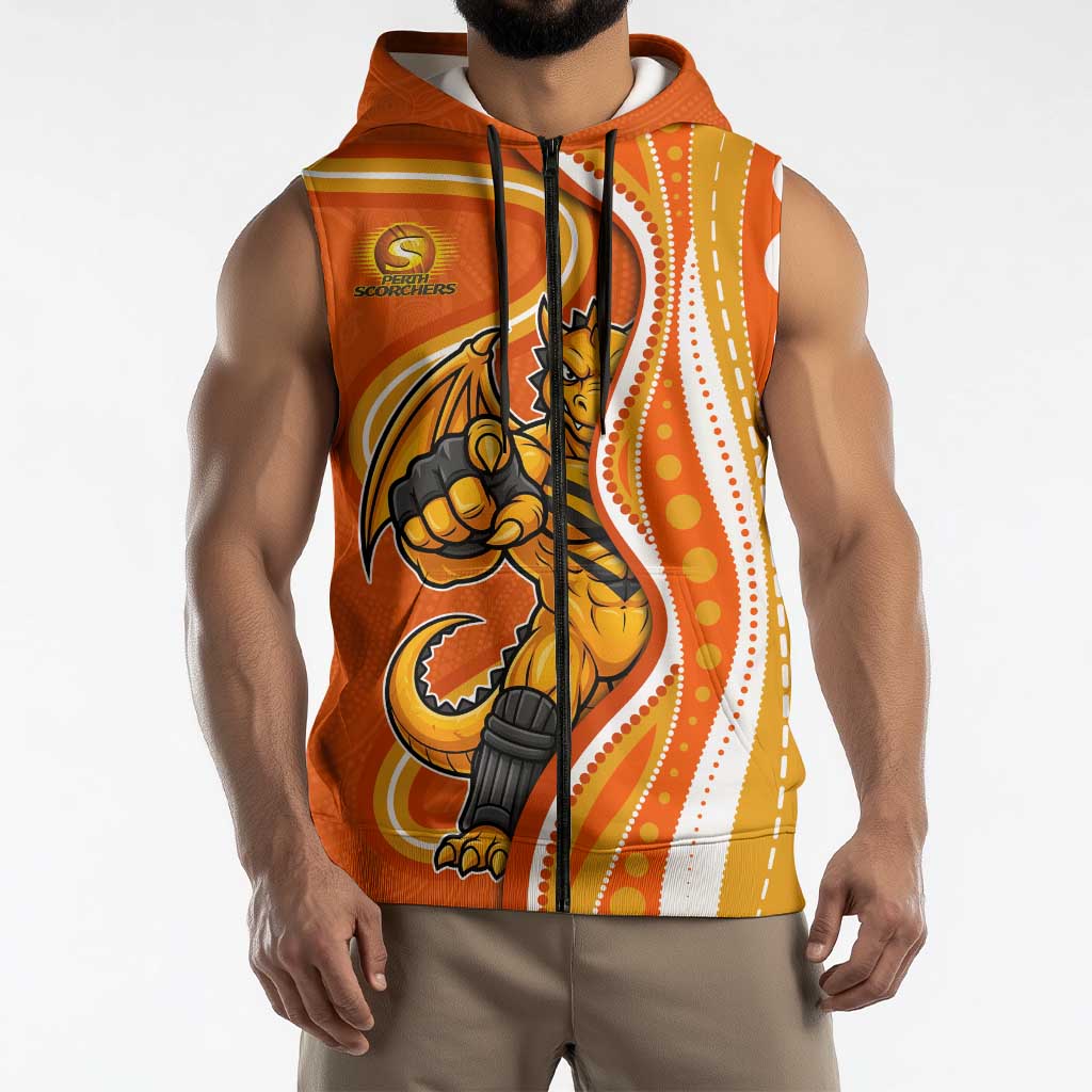 Perth Scorchers Sleeveless Zip Hoodie Aboriginal Dot Art Orange White - Tribal Wave Pattern