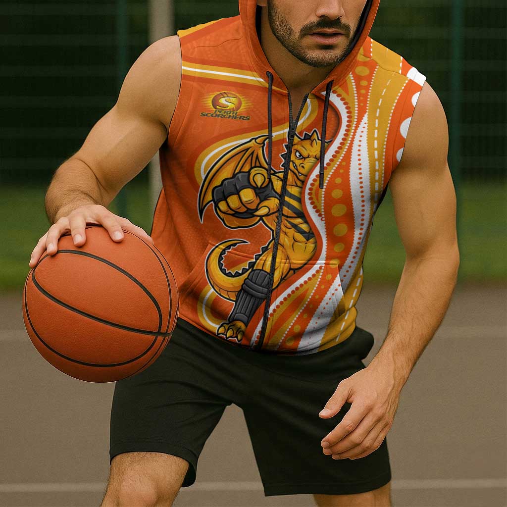 Perth Scorchers Sleeveless Zip Hoodie Aboriginal Dot Art Orange White - Tribal Wave Pattern