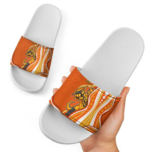 Perth Scorchers Slide Sandals Aboriginal Dot Art Orange White - Tribal Wave Pattern