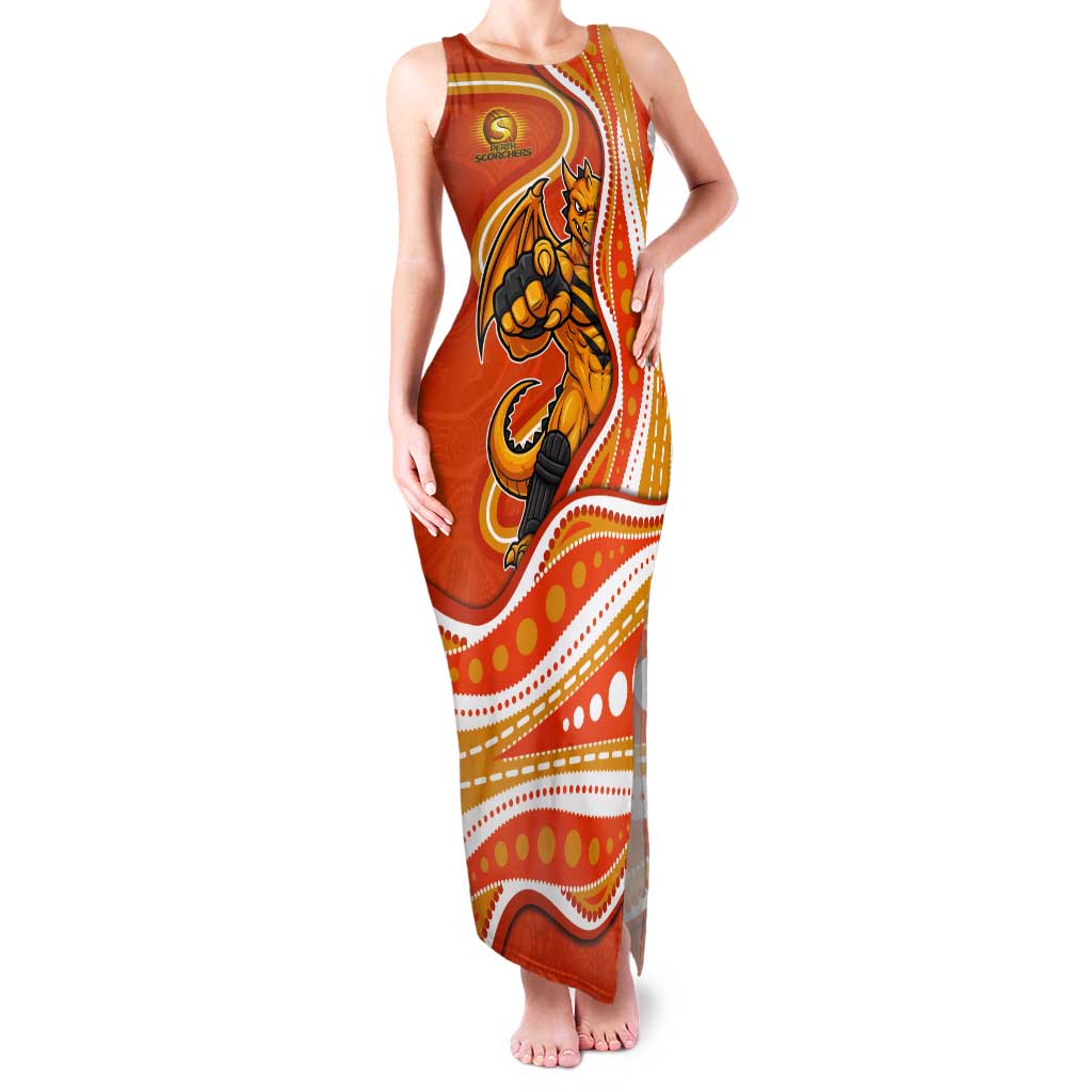 Perth Scorchers Tank Maxi Dress Aboriginal Dot Art Orange White - Tribal Wave Pattern