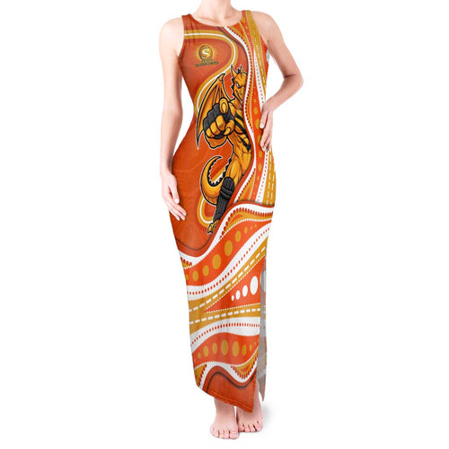 Perth Scorchers Tank Maxi Dress Aboriginal Dot Art Orange White - Tribal Wave Pattern