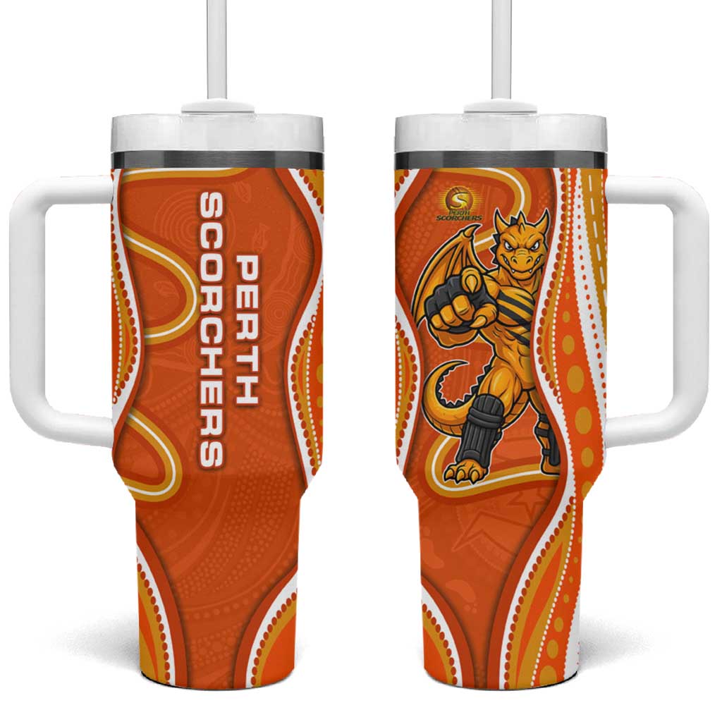 Perth Scorchers Tumbler With Handle Aboriginal Dot Art Orange White - Tribal Wave Pattern