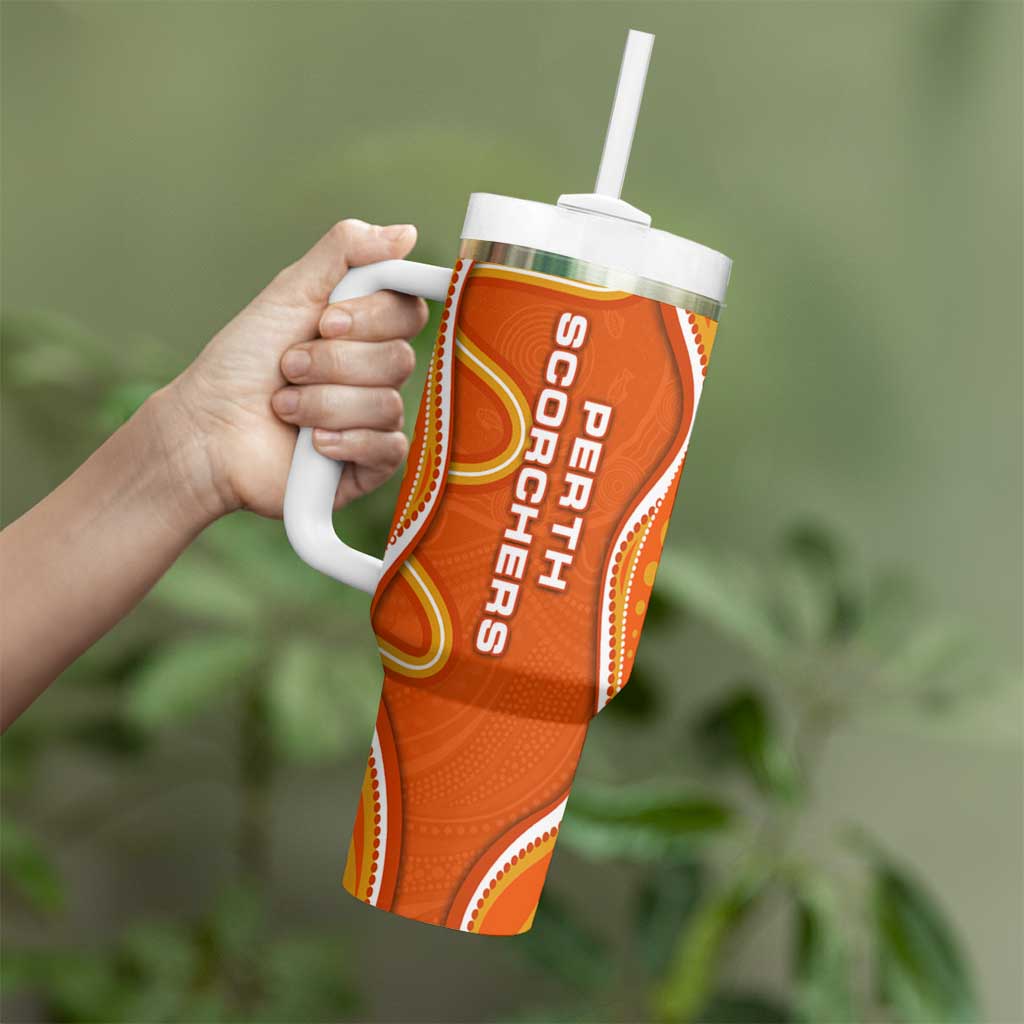 Perth Scorchers Tumbler With Handle Aboriginal Dot Art Orange White - Tribal Wave Pattern