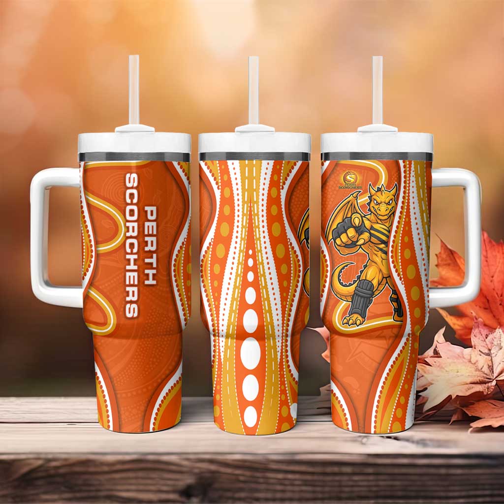 Perth Scorchers Tumbler With Handle Aboriginal Dot Art Orange White - Tribal Wave Pattern