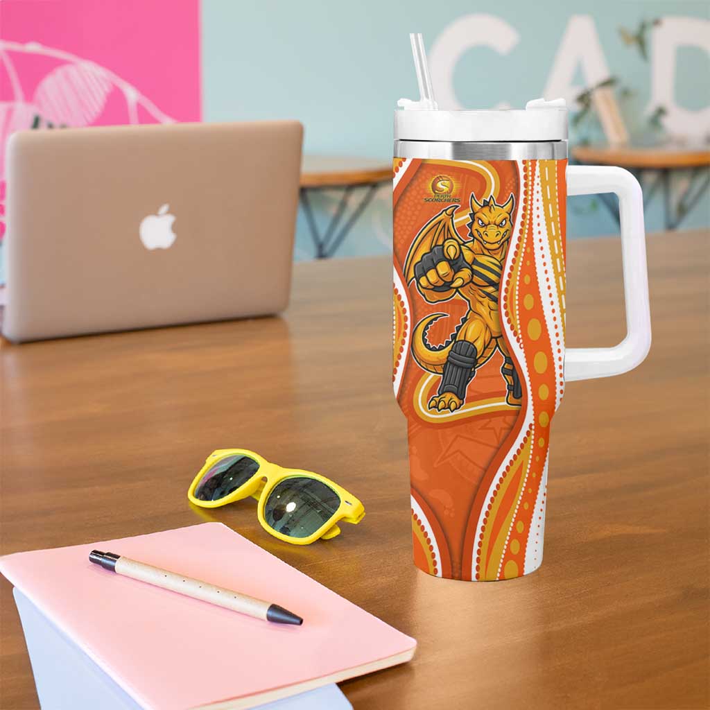 Perth Scorchers Tumbler With Handle Aboriginal Dot Art Orange White - Tribal Wave Pattern