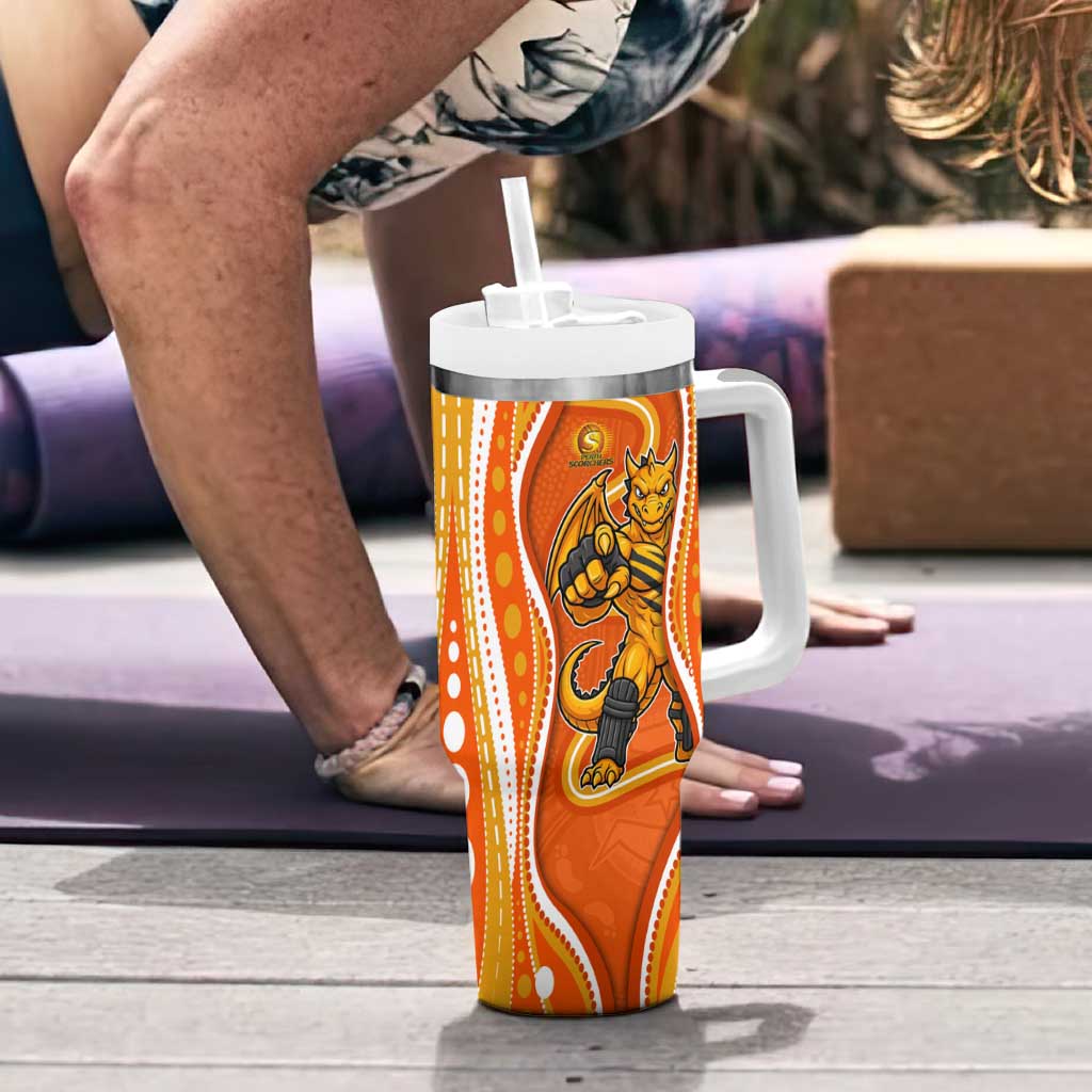 Perth Scorchers Tumbler With Handle Aboriginal Dot Art Orange White - Tribal Wave Pattern