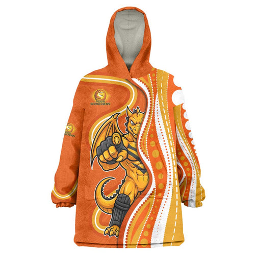 Perth Scorchers Wearable Blanket Hoodie Aboriginal Dot Art Orange White - Tribal Wave Pattern