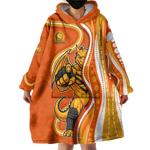 Perth Scorchers Wearable Blanket Hoodie Aboriginal Dot Art Orange White - Tribal Wave Pattern