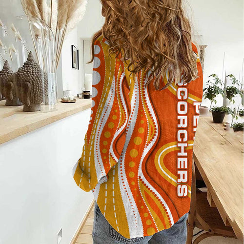 Perth Scorchers Women Casual Shirt Aboriginal Dot Art Orange White - Tribal Wave Pattern