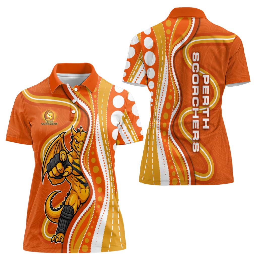 Perth Scorchers Women Polo Shirt Aboriginal Dot Art Orange White - Tribal Wave Pattern